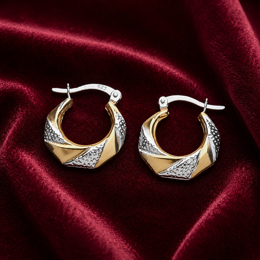 Two Tone Creole Hexagon Hoop Earrings 18ct Gold on Sterling Silver 925 Hallmark