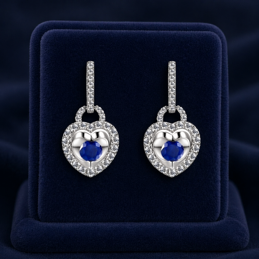 Natural Sapphire and Diamond Heart Drop Earrings 9ct White Gold Hallmarked