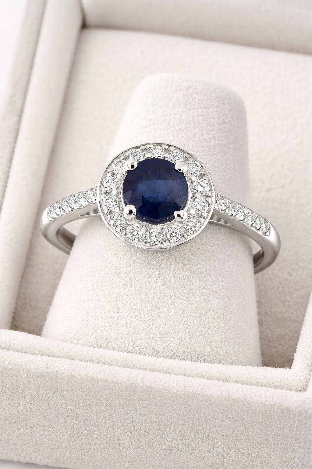 Sapphire and Diamond Ring Round Halo 9ct White Gold Hallmarked