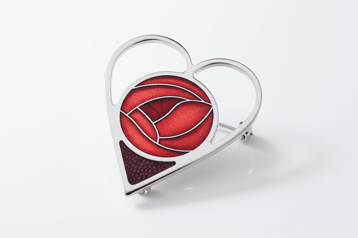 Mackintosh Rose Heart Brooch Red Silver Plated Brand New Gift Packaging