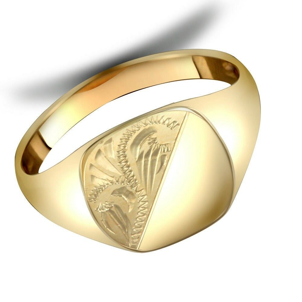 9ct Yellow Gold Gents Cushion Signet Ring Half Engraved Fully Hallmarked