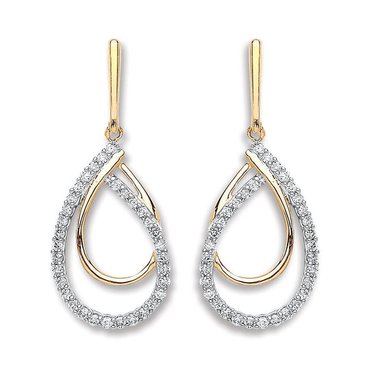 9ct Yellow Gold Pear Drop 0.20ct Diamond Earrings 23mm Length Hallmarked