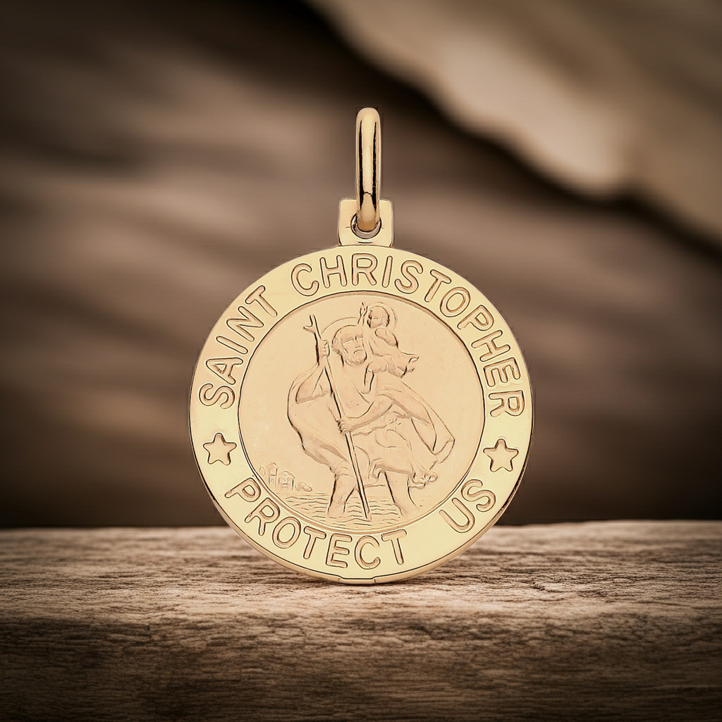 18ct Gold St Christopher Protect Us Pendant on Sterling Silver 925 Hallmark 18mm