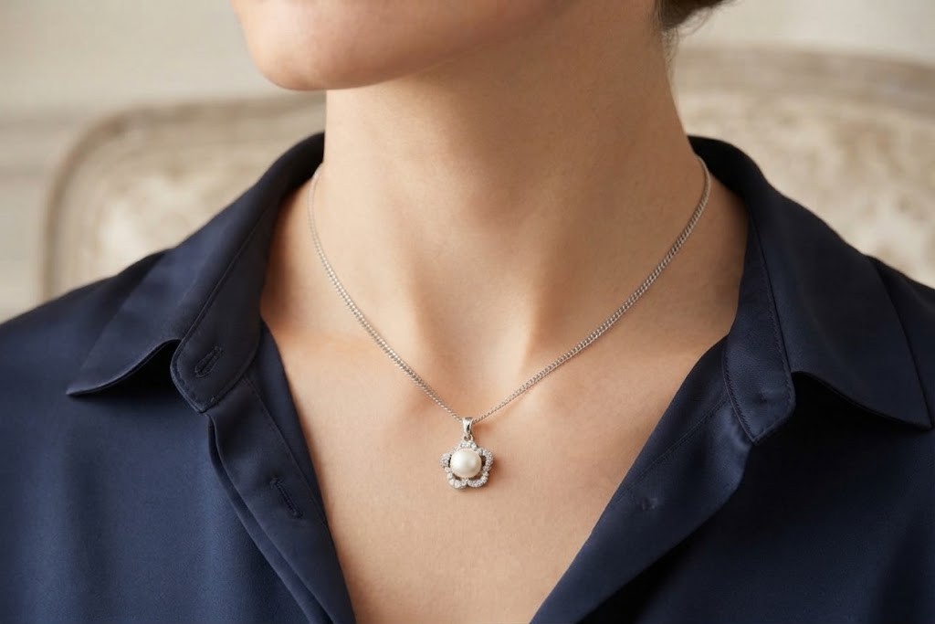 Pearl and Diamond Flower Pendant 9ct White Gold 18" / 45cm Chain