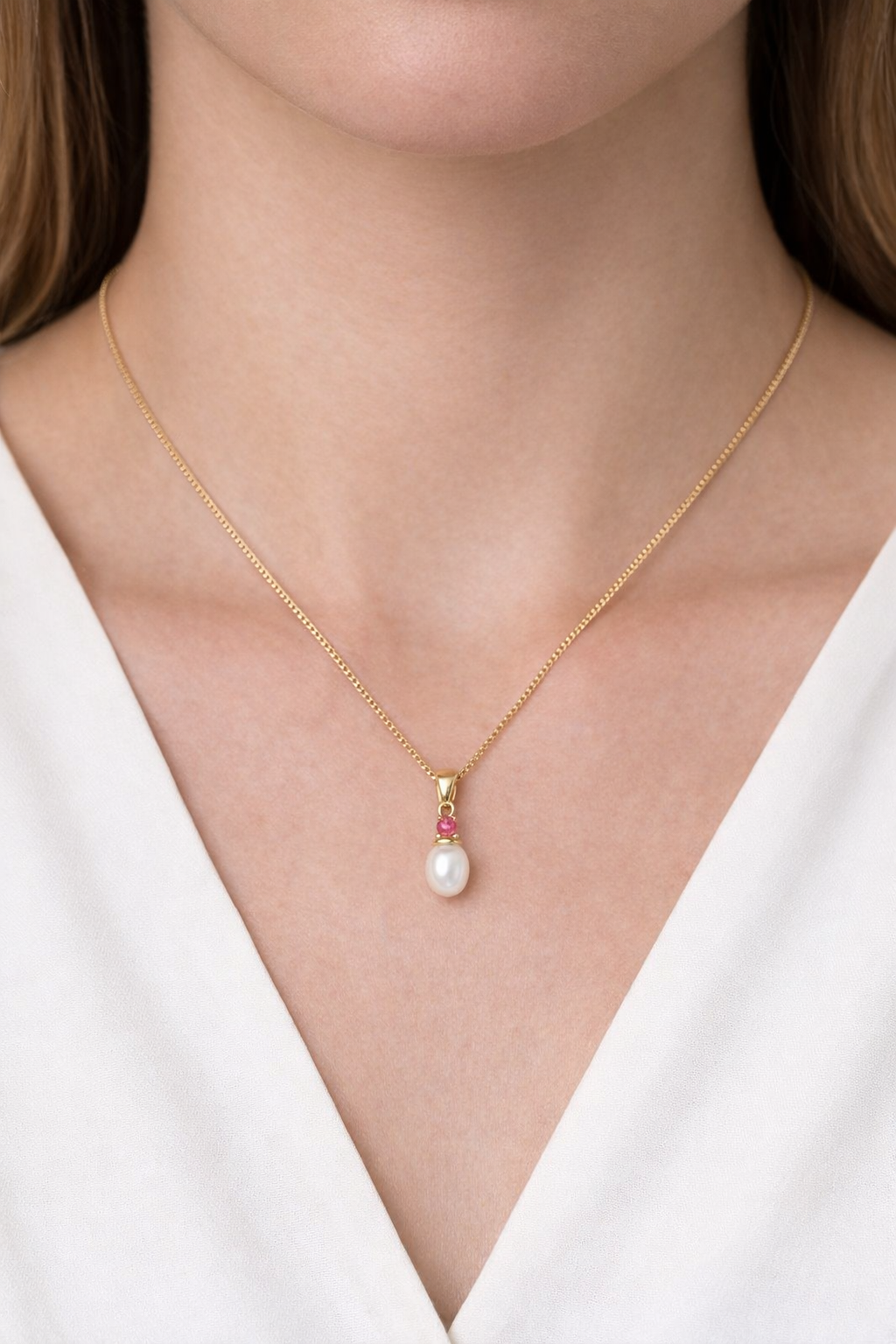 Real Ruby and Freshwater Pearl Pendant 9ct Yellow Gold 18" 46cm Gold Chain