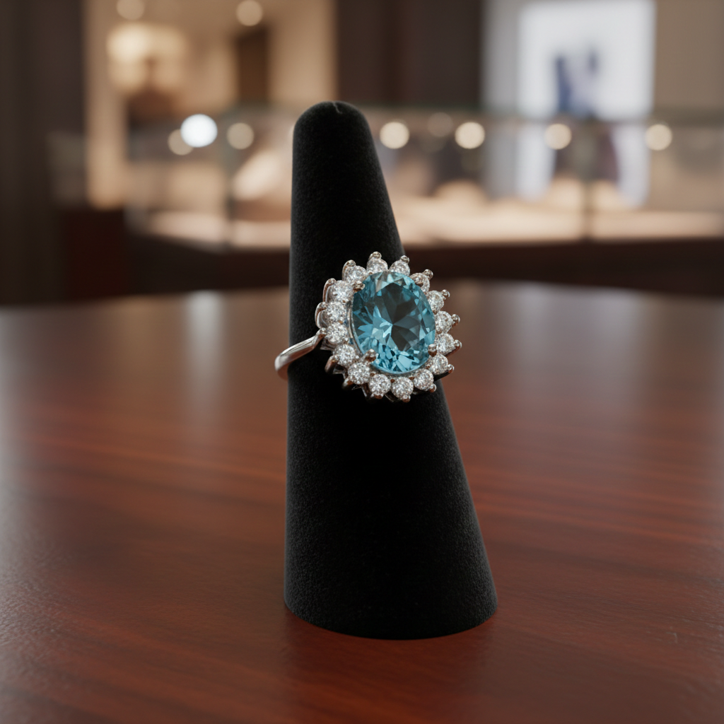 Sterling Silver Blue Topaz Ring Large Cluster Engagement 925 Hallmark Size K-S
