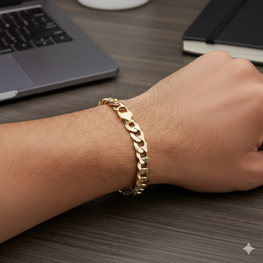 18ct Gold Men's Curb Bracelet on Solid Silver 11mm Wide British Made Hallmarked