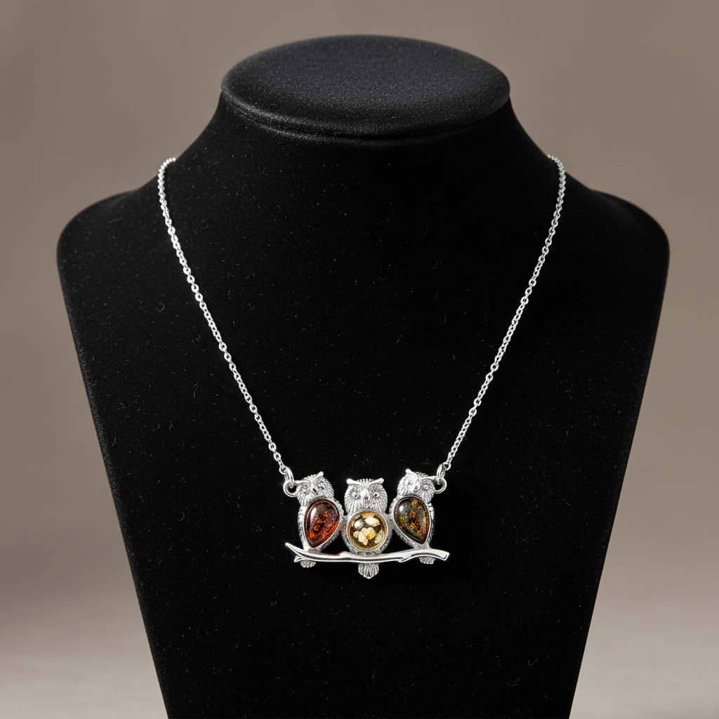 Natural Amber Owl Necklace Solid Sterling Silver 925 Hallmark 17" Length