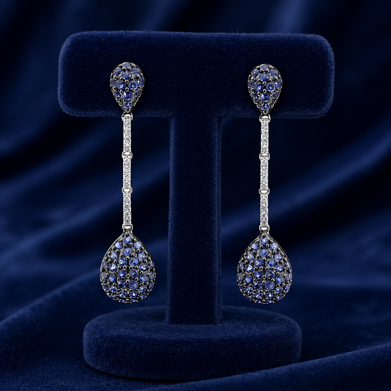Natural Sapphire and Diamond Long Drop Earrings Solid 18ct White Gold Hallmarked