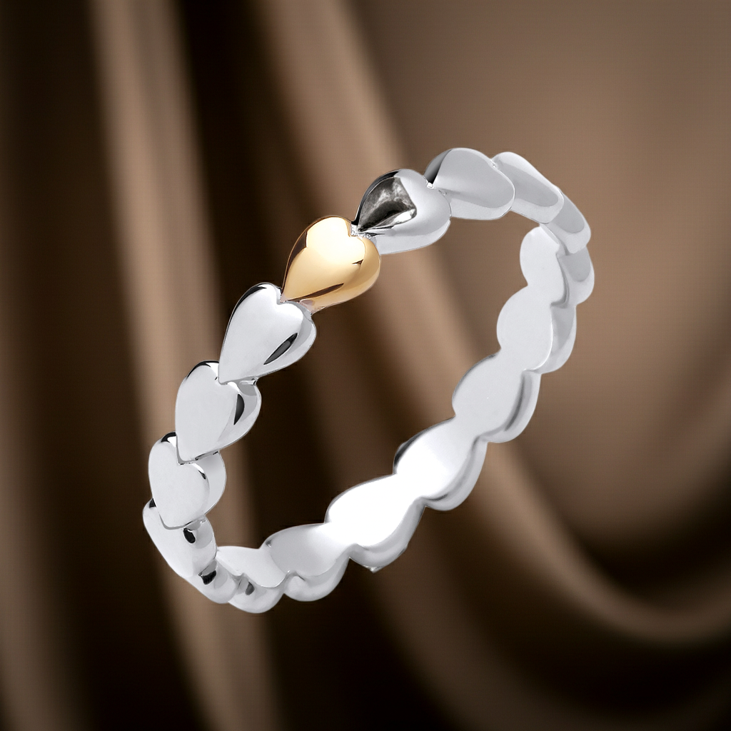 Sterling Silver Heart Band Ring 18ct Yellow Gold Detail 925 Hallmark Sizes K-S