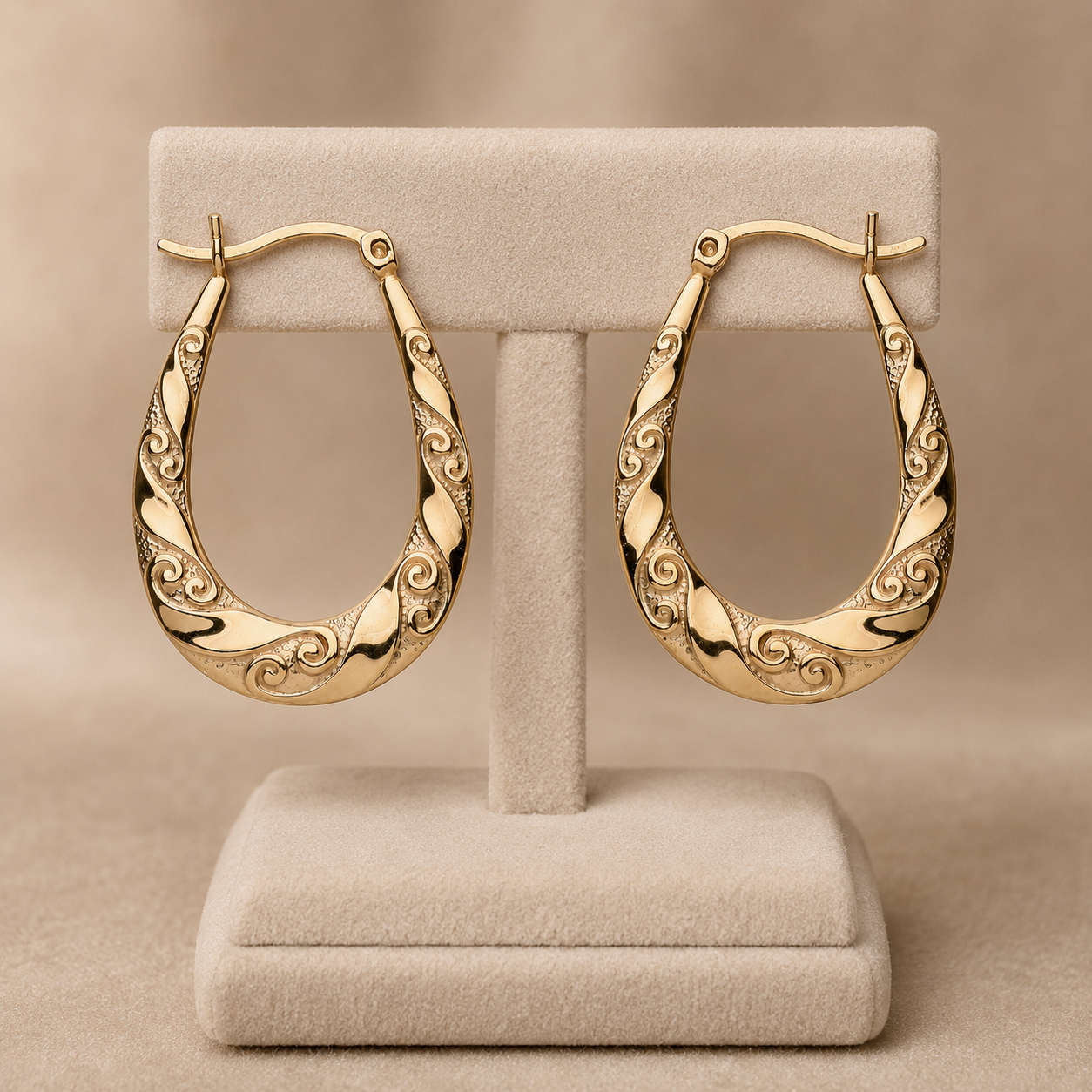Scroll Oval Creole Hoop Earrings 18ct Gold on Sterling Silver 32mm 925 Hallmark