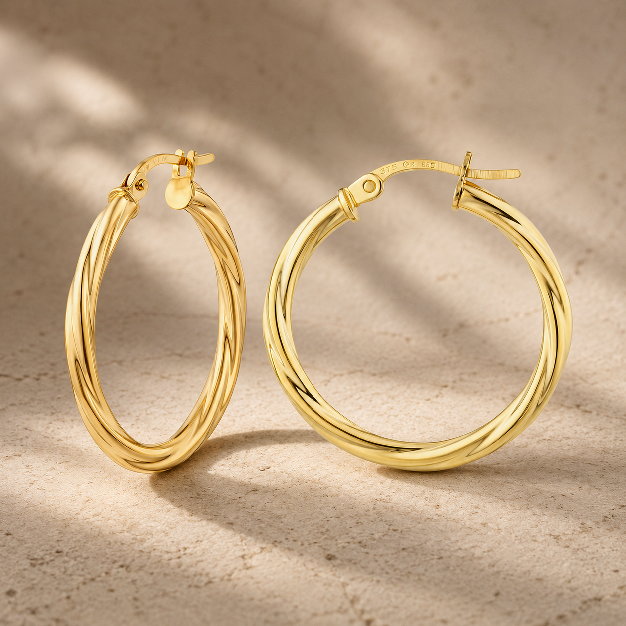 Yellow Gold Twisted Hoop Earrings Snap Closure Polished 23mm Hallmarked