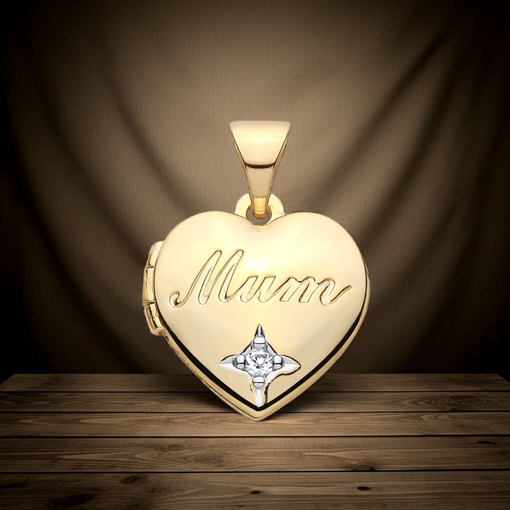 MUM Heart Locket Natural Diamond 18ct Gold on Solid Sterling Silver 18" Chain