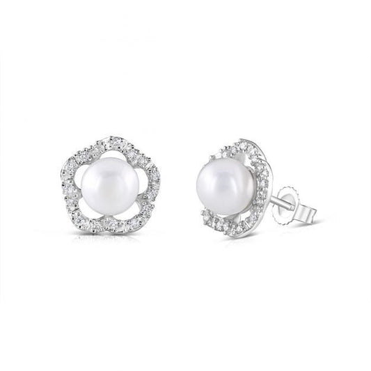 Freshwater Pearl  and Diamond Flower Earrings 9ct White Gold 11mm Diameter