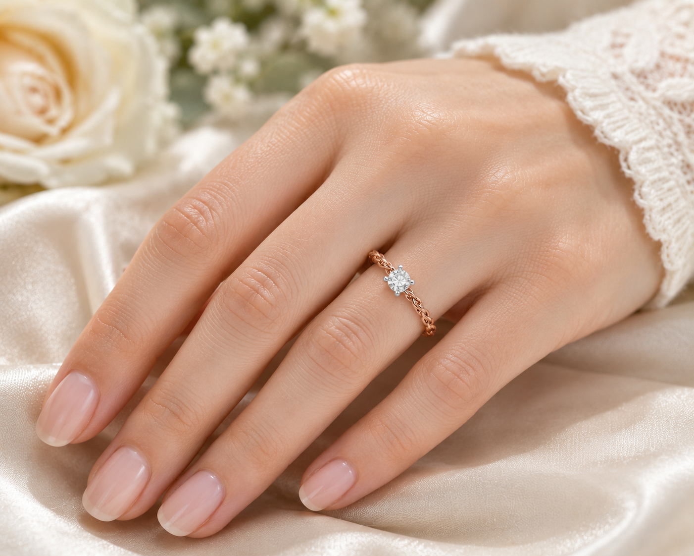 Elegant Two-Tone Twisted Solitaire Ring 18ct Rose Gold on Solid Sterling Silver