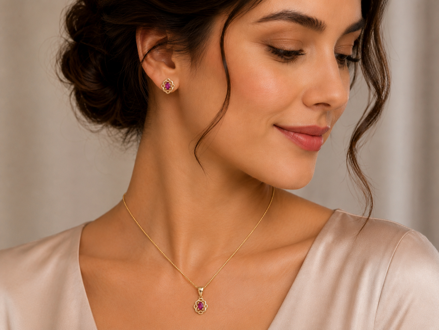 Elegant Yellow Gold Ruby Pendant Necklace and Earrings Jewellery Set