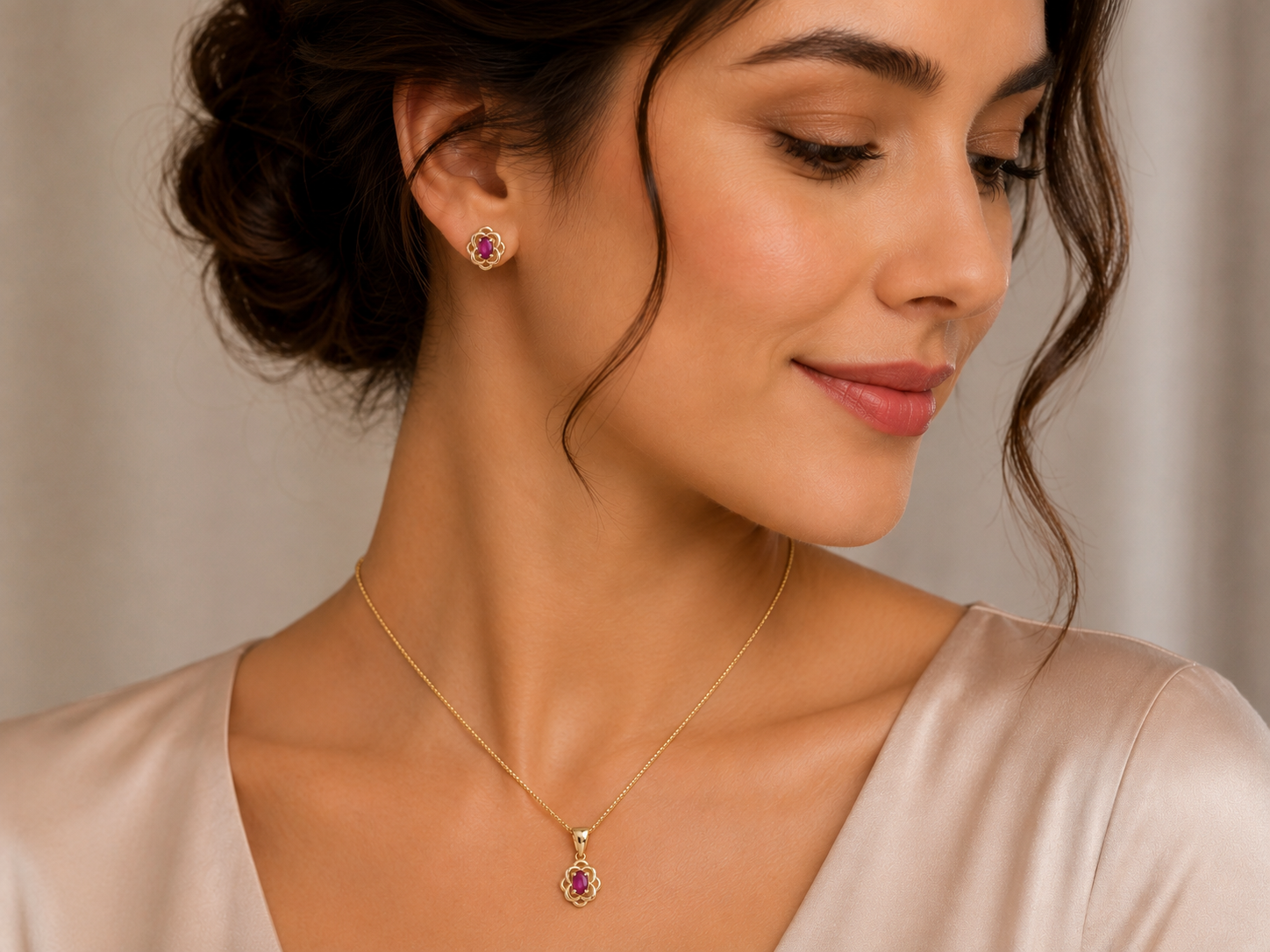 Elegant Yellow Gold Ruby Pendant Necklace and Earrings Jewellery Set