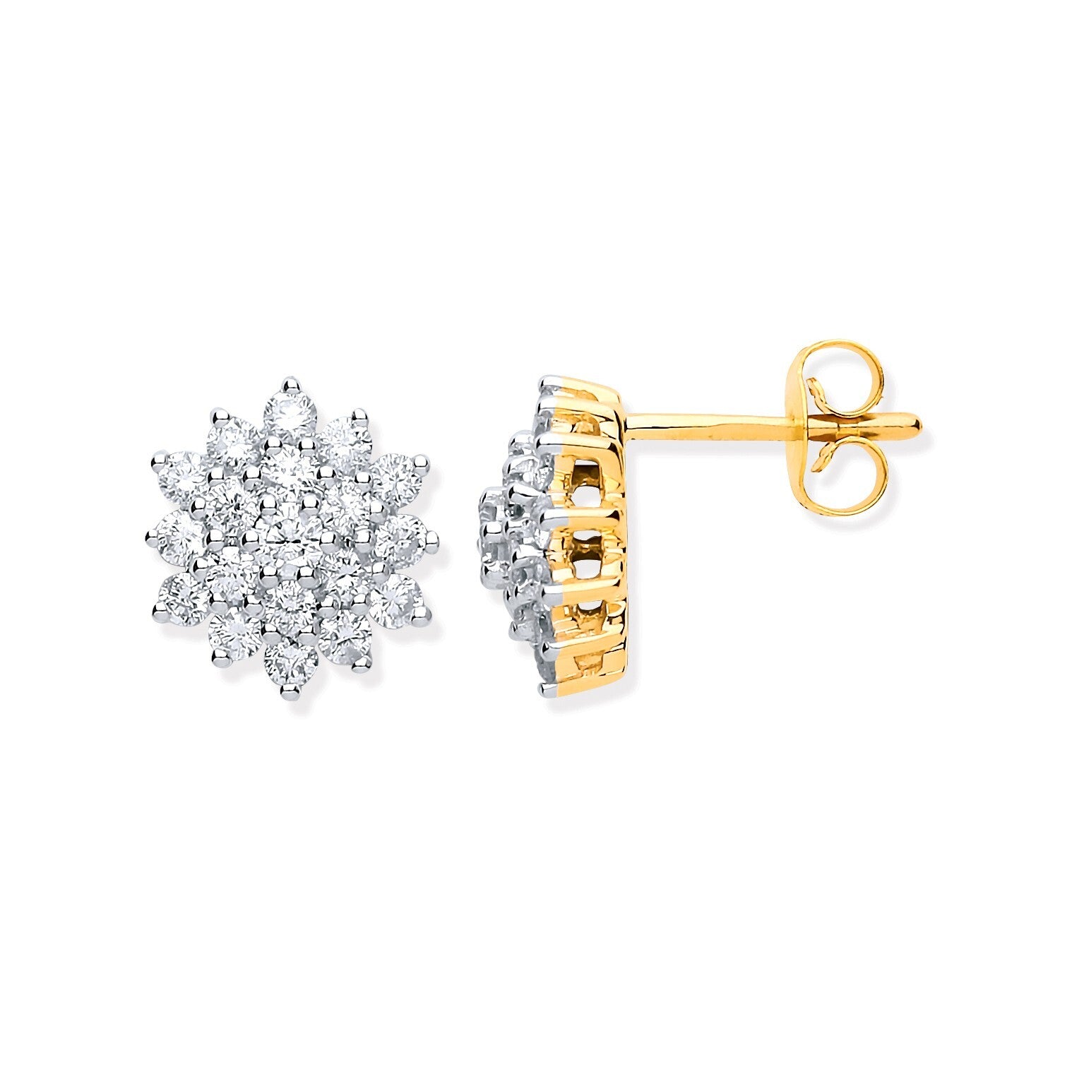 9ct Yellow Gold 1.00ct Diamond Cluster Stud Earrings Hallmarked - 10mm