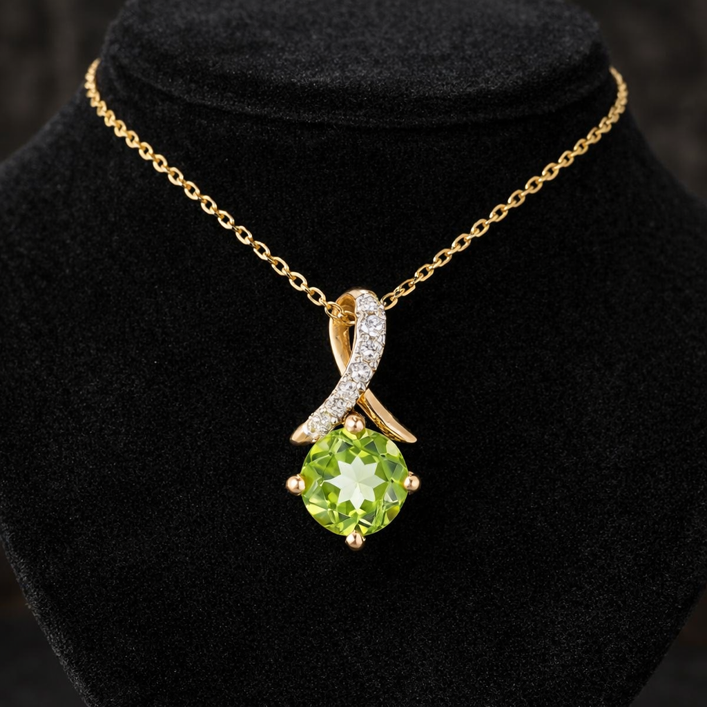 Peridot Pendant With Diamond Kiss Solid Yellow Gold 18" 46cm Length Chain