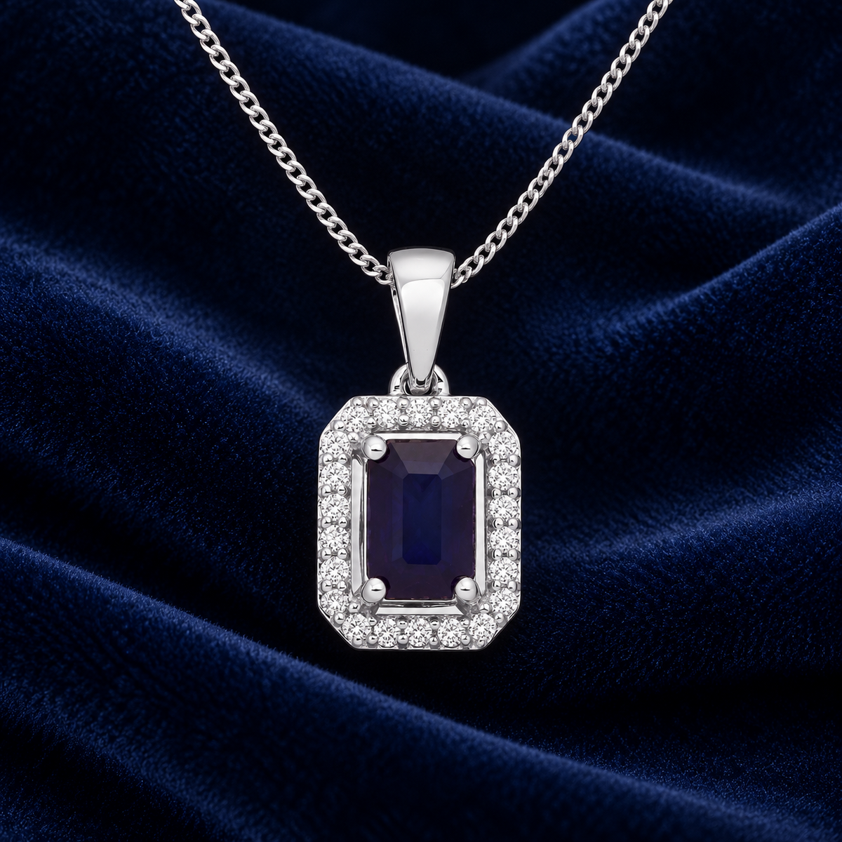 Sapphire and Diamond Pendant Rectangular Halo 18ct White Gold 18" Chain Hallmark