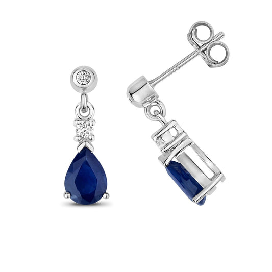 Sapphire and Diamond Earrings 9ct White Gold Teardrop Pear Drops