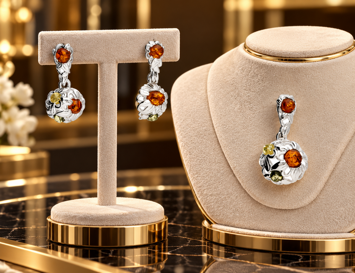 Mixed Amber Flower Dome Pendant and Earrings Set Solid Sterling Silver 925