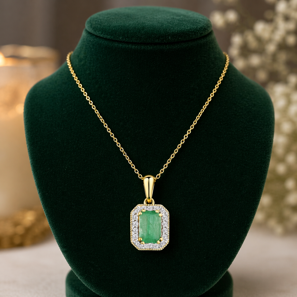 Natural Emerald Pendant With Diamond Halo 9ct Yellow Gold 18" 46cm Length Chain