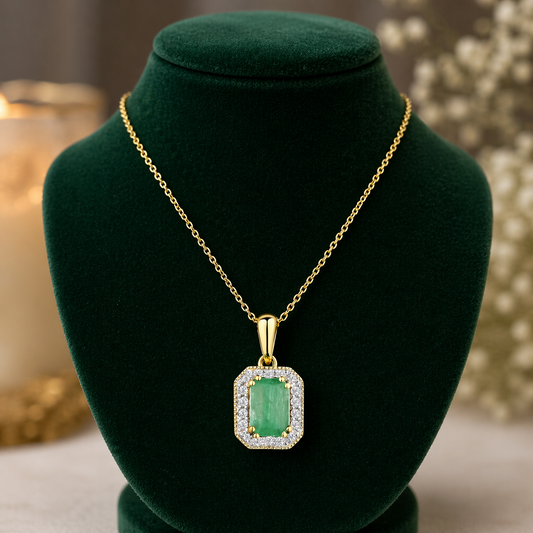 Natural Emerald Pendant With Diamond Halo 9ct Yellow Gold 18" 46cm Length Chain