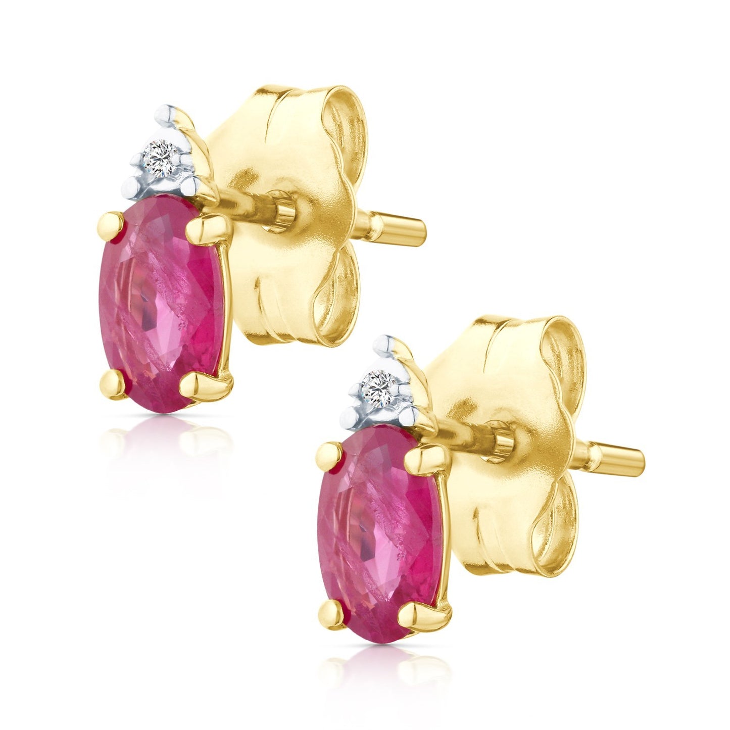 Yellow Gold Natural Ruby & Diamond Accent Oval Stud Earrings