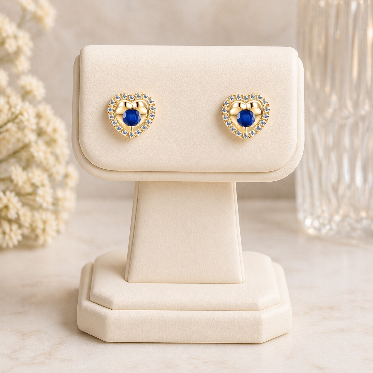 Natural Sapphire and Diamond Heart Earrings Solid 9ct Yellow Gold Hallmarked