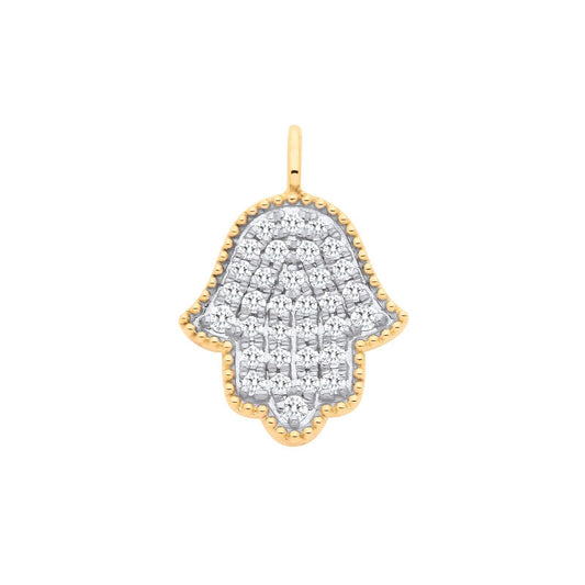 9ct Yellow Gold 0.30ct Diamond Hamsa Hand Pendant Hallmarked