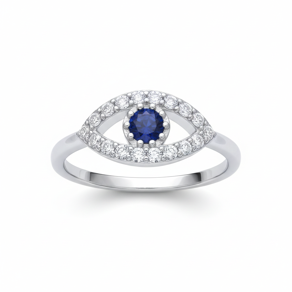 Sapphire Evil Eye Ring Solid Sterling Silver 925 Hallmark Size K - S