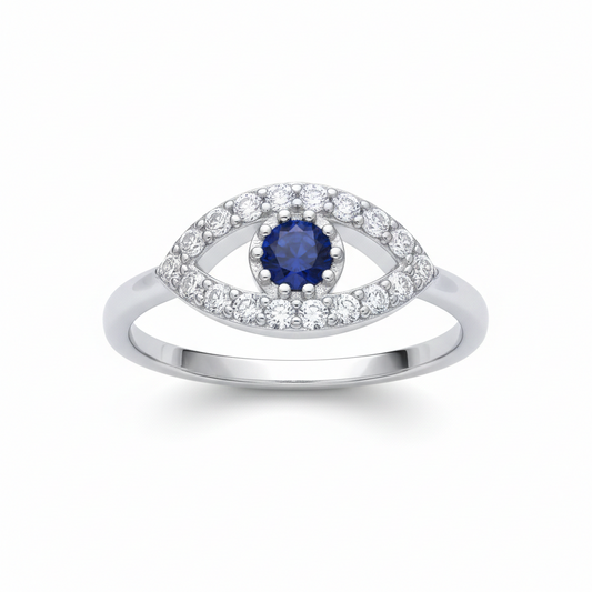 Sapphire Evil Eye Ring Solid Sterling Silver 925 Hallmark Size K - S