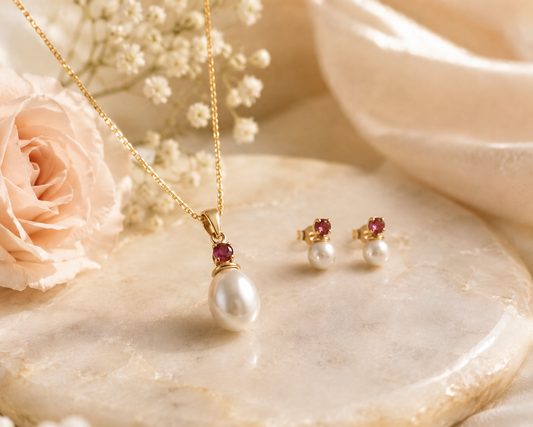 Ruby & Freshwater Pearl Pendant Necklace & Matching Stud Earrings Set Solid Gold