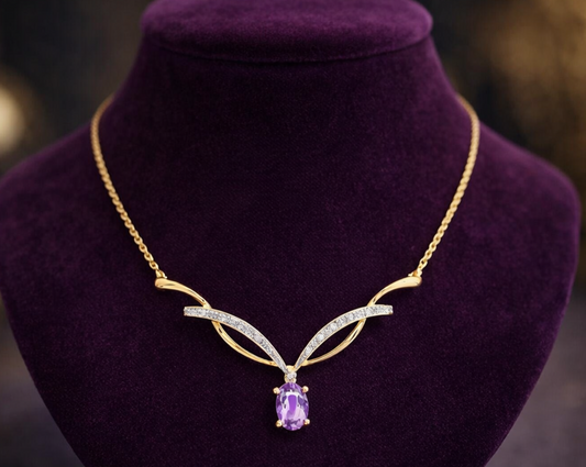 9ct Yellow Gold Amethyst Necklace With Diamonds 16.5" 42cm Length Chain