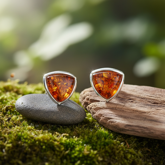 Cognac Amber Trillion Triangle Stud Earrings Solid Sterling Silver 925