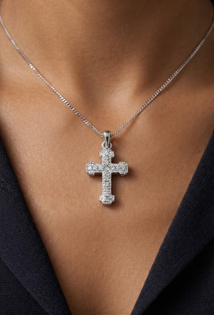 Real Diamond Small Cross Pendant Necklace 9ct White Gold 18" / 45cm