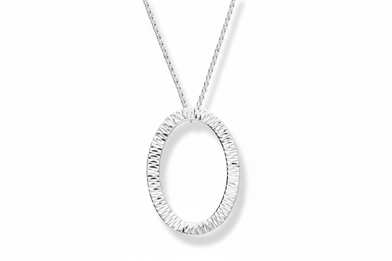 Diamond Cut Open Oval Necklace Adjustable Chain 925 Sterling Silver