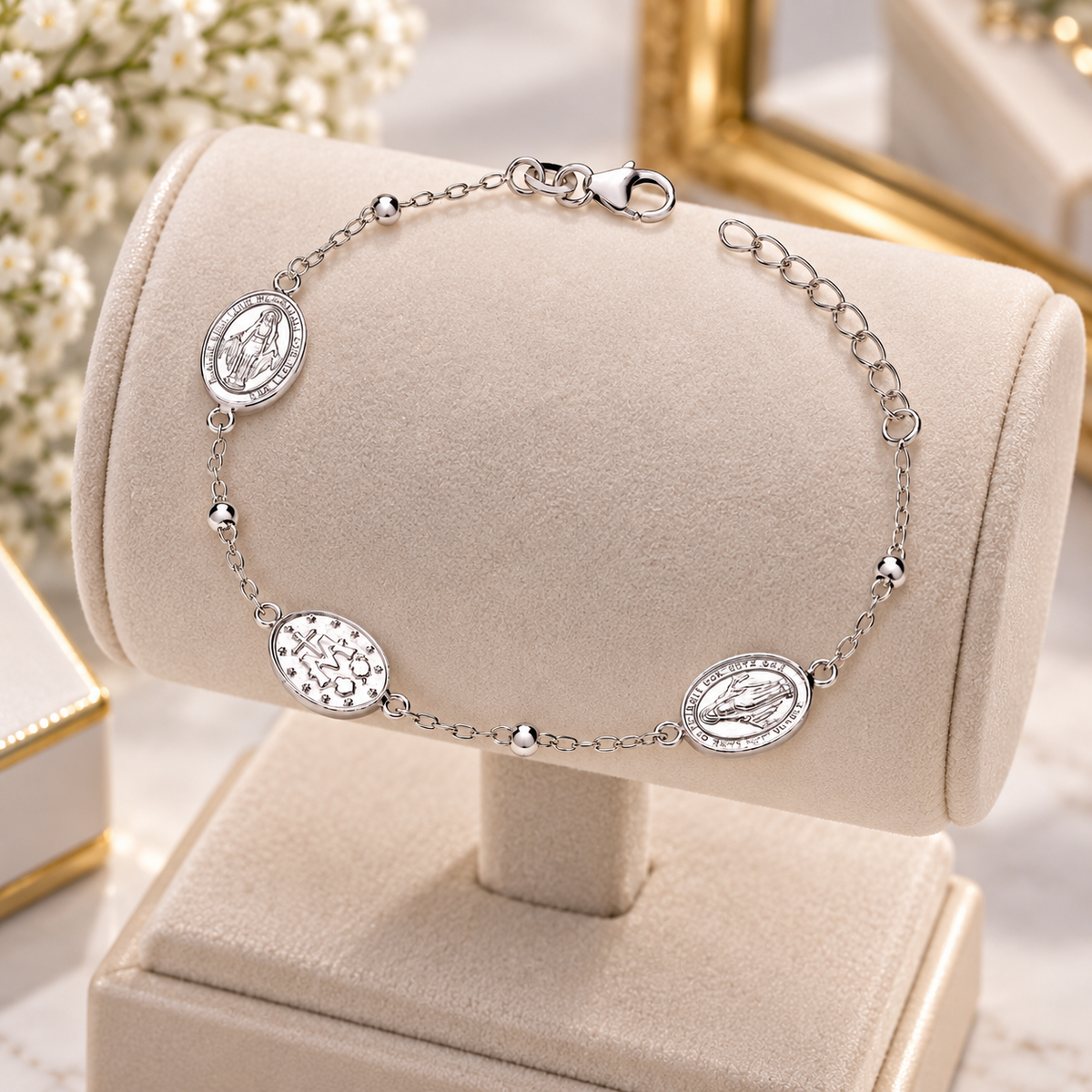 Sterling Silver Religious Medal Charm Bracelet Virgin Mary Miraculous Medal 925