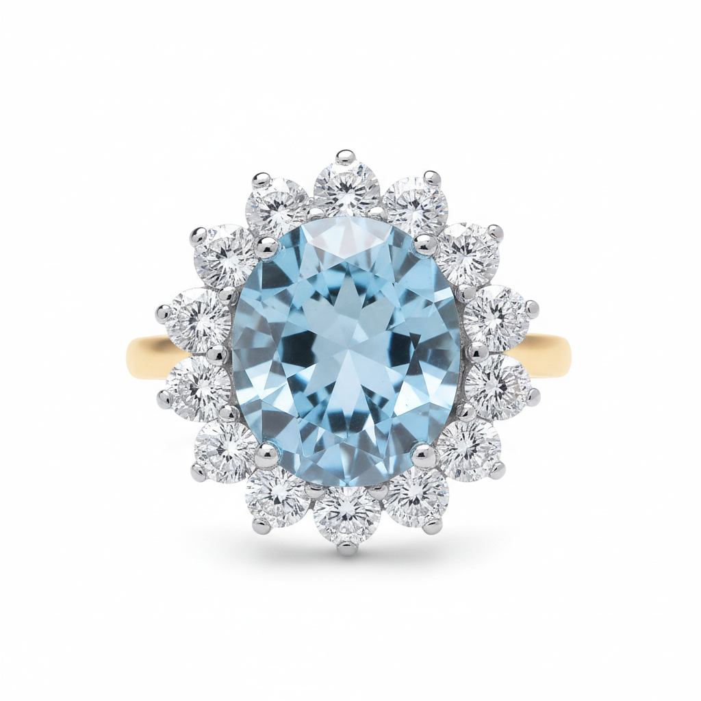 18ct Gold Large Aquamarine Ring Cluster on Sterling Silver 925 Hallmark Size K-S