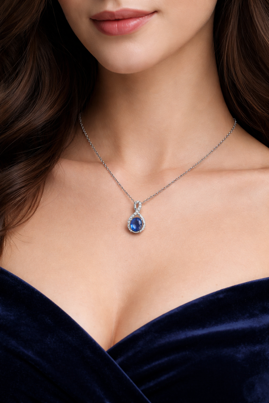 Sapphire Infinity Pendant With Diamonds 9ct White Gold 18" 46cm Length Chain