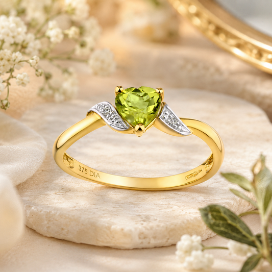 9ct Yellow Gold Heart Cut Peridot & Diamond Accent Ring 375 Gold Gift for Her