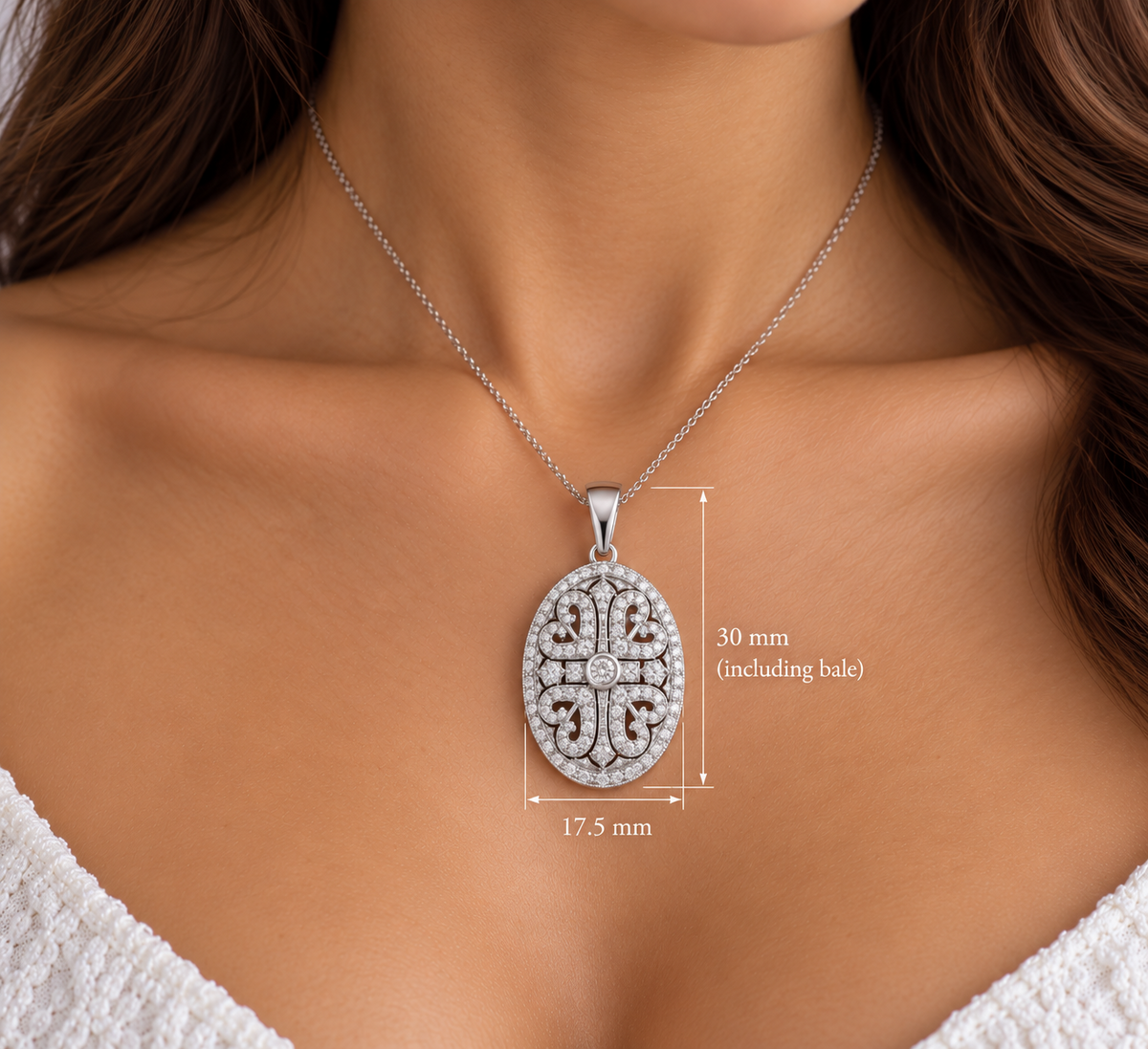 Diamond Oval Filigree Locket Pendant White Gold 30 x 17.5mm