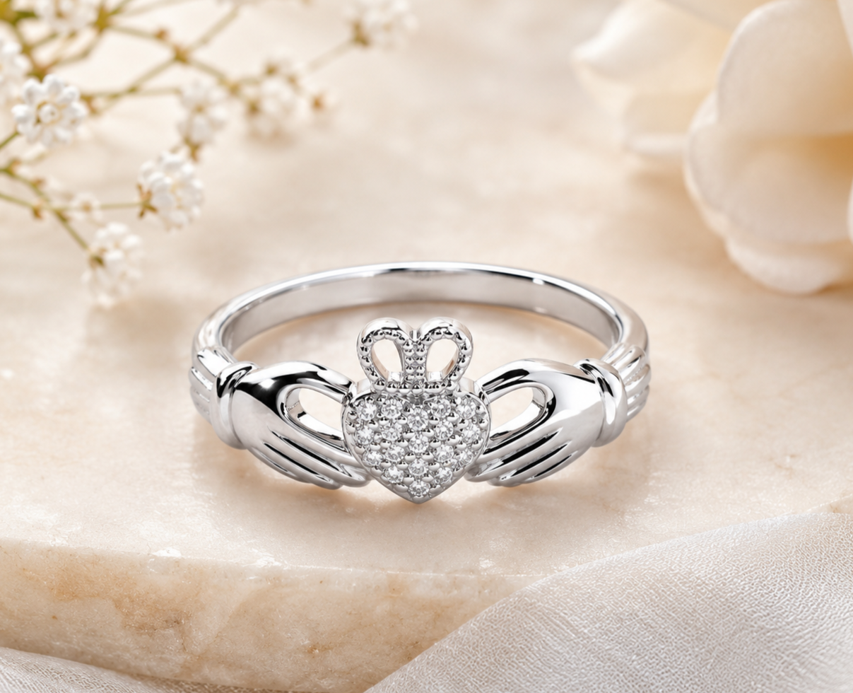 Elegant Claddagh Heart Ring with Pavé Gemstones in Solid Sterling Silver