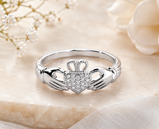 Elegant Claddagh Heart Ring with Pavé Gemstones in Solid Sterling Silver