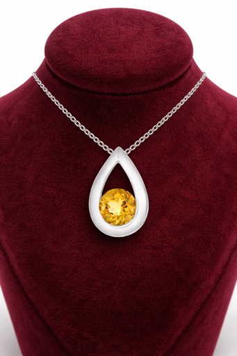Natural Citrine Teardrop Pendant Solid White Gold 18" 46cm Length Chain