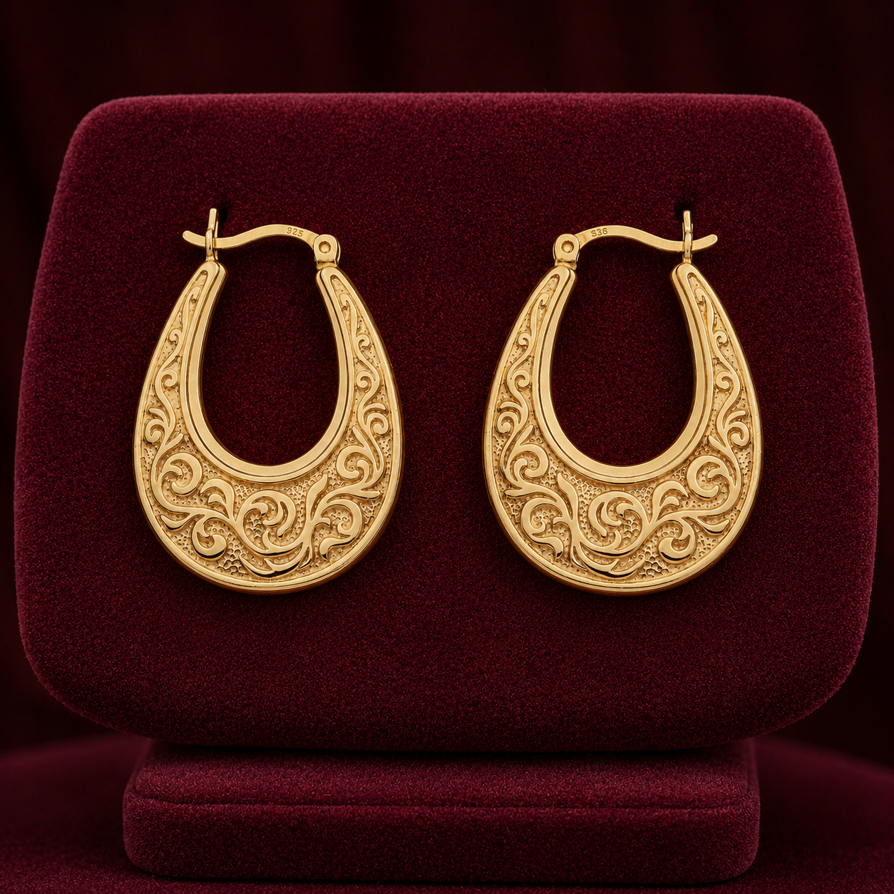 Scrollwork Filigree Oval Creole Hoop Earrings 18ct Gold on Sterling Silver 32mm