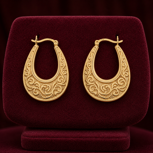 Scrollwork Filigree Oval Creole Hoop Earrings 18ct Gold on Sterling Silver 32mm