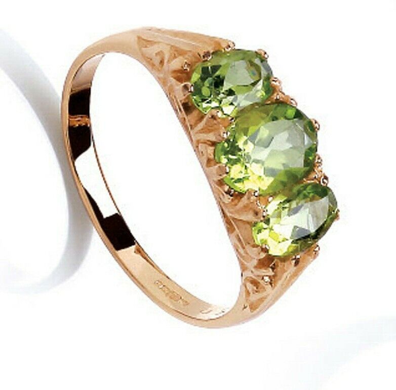 9ct Yellow Gold Peridot Ring Three Stone Trilogy Fully Hallmarked