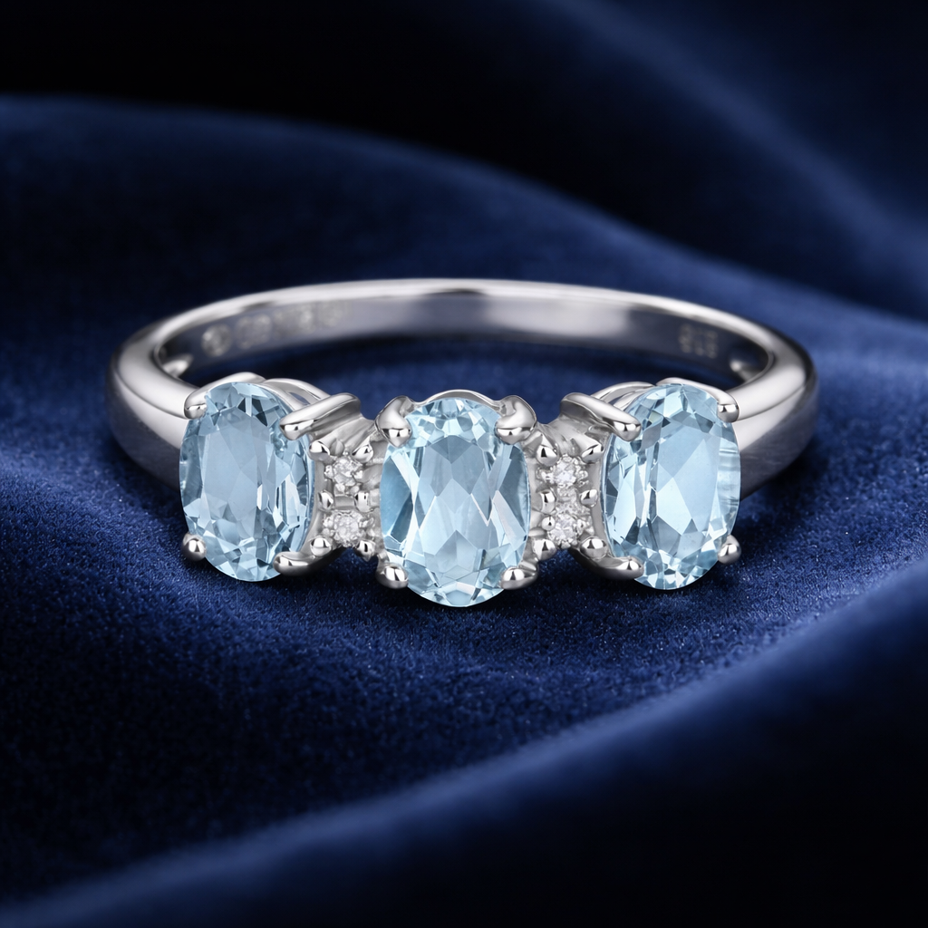 Aquamarine and Diamond Ring 9ct White Gold Three Stone Trilogy Size J - Q